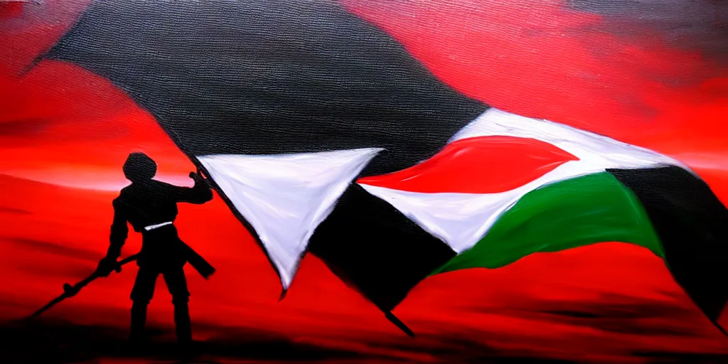 Image similar to dramatic epic dark oil painting of freedom for palestine, red green white black