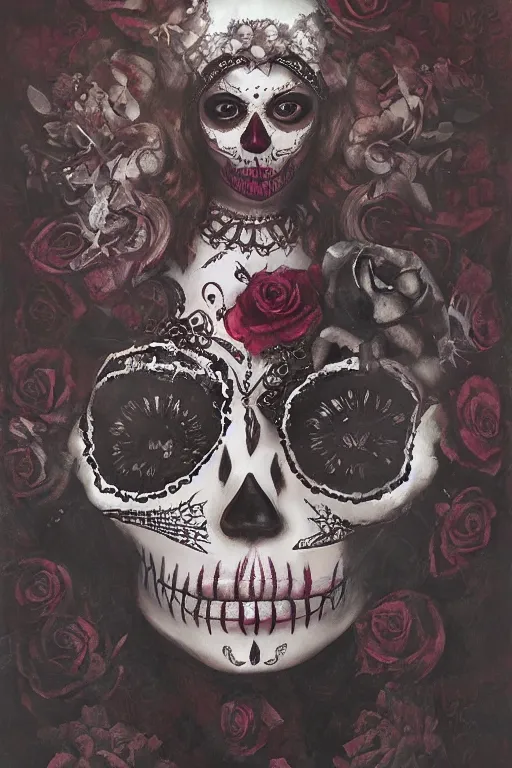 Prompt: illustration of a sugar skull day of the dead girl, art by artem demura