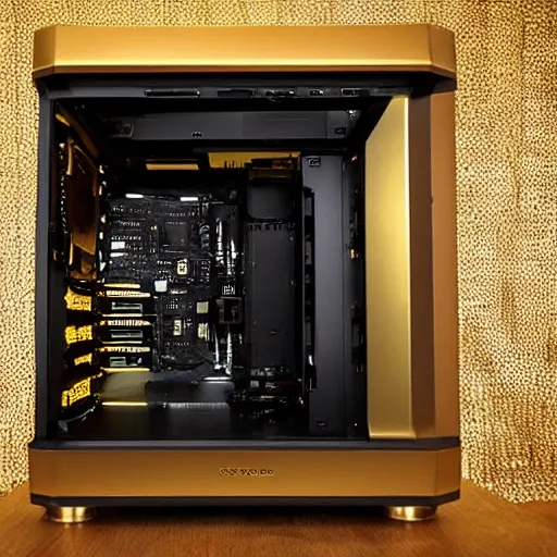 Prompt: a beautiful photo of a golden pc