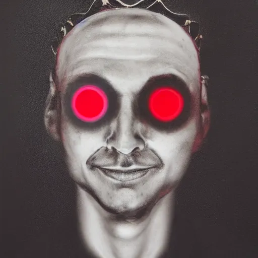 Image similar to man with a crown, smirk, photograph, black backgrounds, glowing red eyes, oil painting