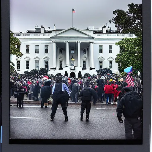 Prompt: 4 k hdr polaroid meteroid shower falling over the white house with an angry mob of protestors filling the streets at night time during a blackout with torch lit streets