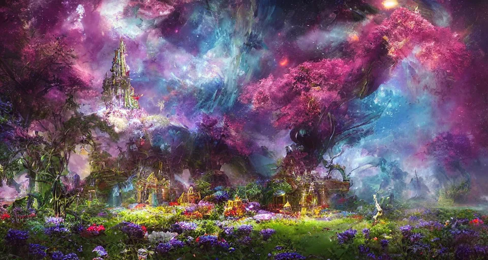 Image similar to a large mystic shrine in a field of flowers, john berkey, mad dog jones, breath - taking beautiful flowers, streams, nebula, and mist, an aesthetically pleasing, dynamic, energetic, lively, complex, intricate, detailed, well - designed digital art of magic, streams, flowers, and mist, early morning, light and shadow