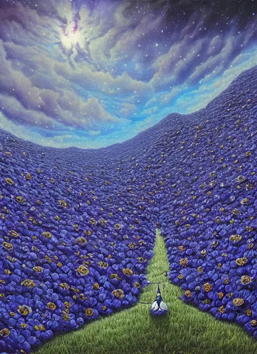 Image similar to detailed, intricate blue black and purple papaverum flower on the field, nebula, galaxy in the sky, winning award masterpiece, fantastically beautiful, illustration, aestheticly inspired, jacek yerka, upscale with anguissola sofonisba work, artstation, 8 k