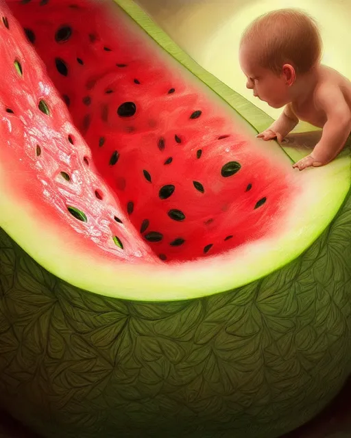 Image similar to an baby living inside a giant watermelon womb, watermelon amber, watermelon womb, highly detailed, digital painting, artstation, concept art, smooth, sharp focus, illustration, art by artgerm and greg rutkowski and alphonse mucha