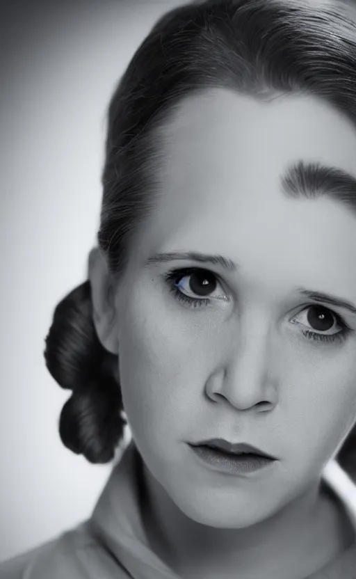 Image similar to a portrait of young carrie fisher, in the style of gottfried helnwein, dirk dzimirsky, gustave courbet, dramatic studio lighting, 3 5 mm f 1. 4 lens depth of field, octane render 8 k