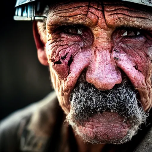 Image similar to A beautiful high quality portrait photo of an old puruvian mine worker with wrinkles, dirty face, helmet, by Steve McCurry, dramatic lighting and colors