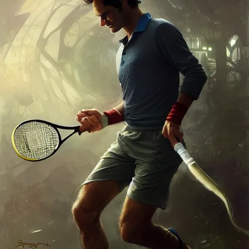 Image similar to roger federer as a hero, picture by greg rutkowski, dynamic pose, intricate, futuristic, fantasy, elegant, by stanley artgerm lau, greg rutkowski, thomas kindkade, alphonse mucha, loish, norman rockwell,