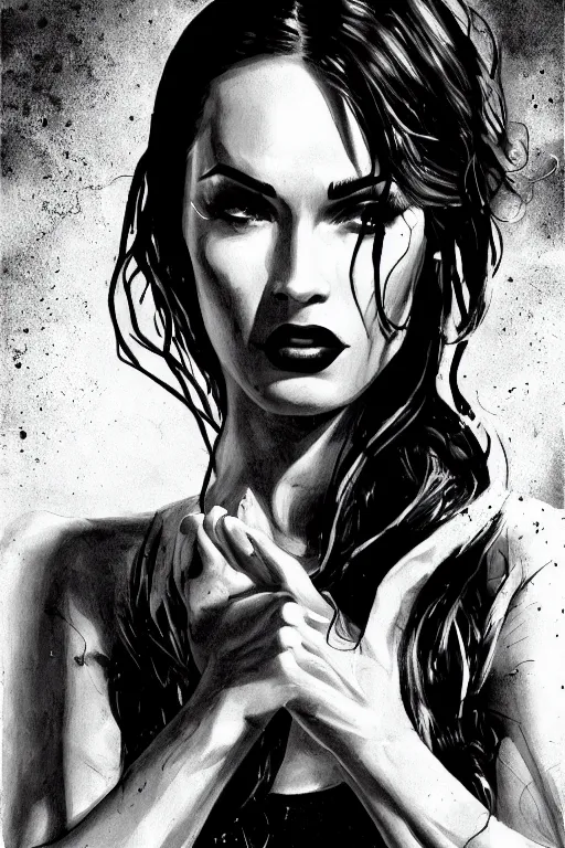 Image similar to dream of a film still from sin city, closeup portrait of film noir megan fox private detective, detailed illustration, digital art, trending on artstation, frank miller, martin ansin, movie poster,