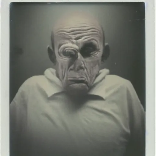 Image similar to a realistic polaroid photo of an old man after a failed experiment inside a laboratory, the head of the old man is deformed and dark, evil god, cosmic horror