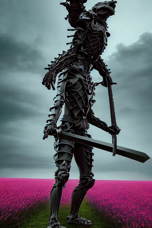 Image similar to hyperrealistic neo - gothic giant human gargoyle hybrid, exoskeleton armor, holding katana, field of pink flowers, highly detailed digital art masterpiece, vitaly bulgarov dramatic dark teal light, ground angle hd 8 k, sharp focus