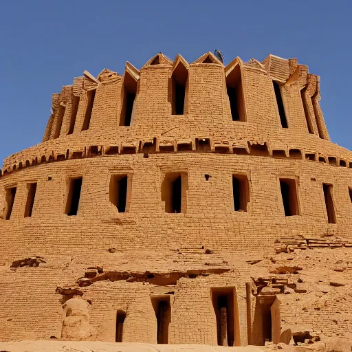 Image similar to cinematic still looking up at the tower of babel, epic, Akkadian architecture, desert background