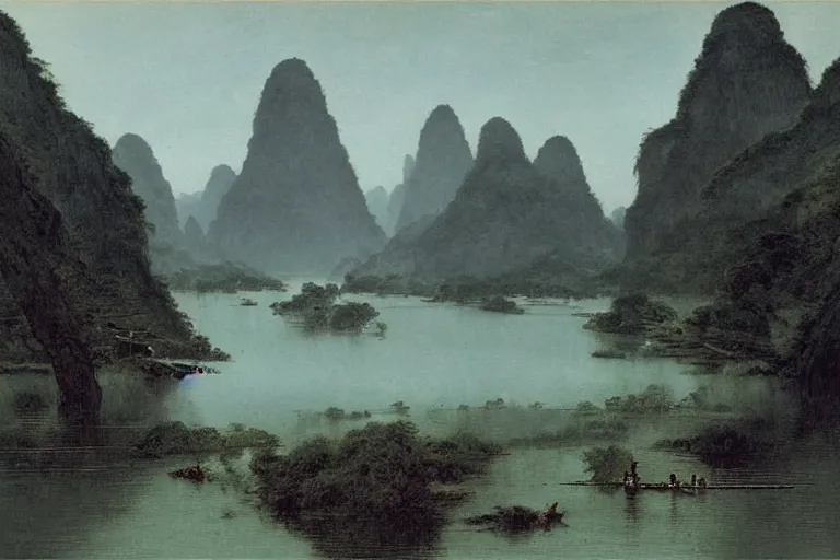 Image similar to white eastern dragon swimming in the river, guilin, by caspar david friedrich