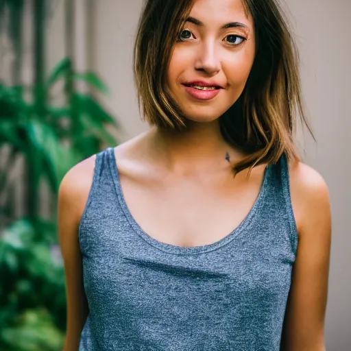 Image similar to dslr portrait still of a beautiful female face wearing a tank top 8 k 8 5 mm f 1. 4