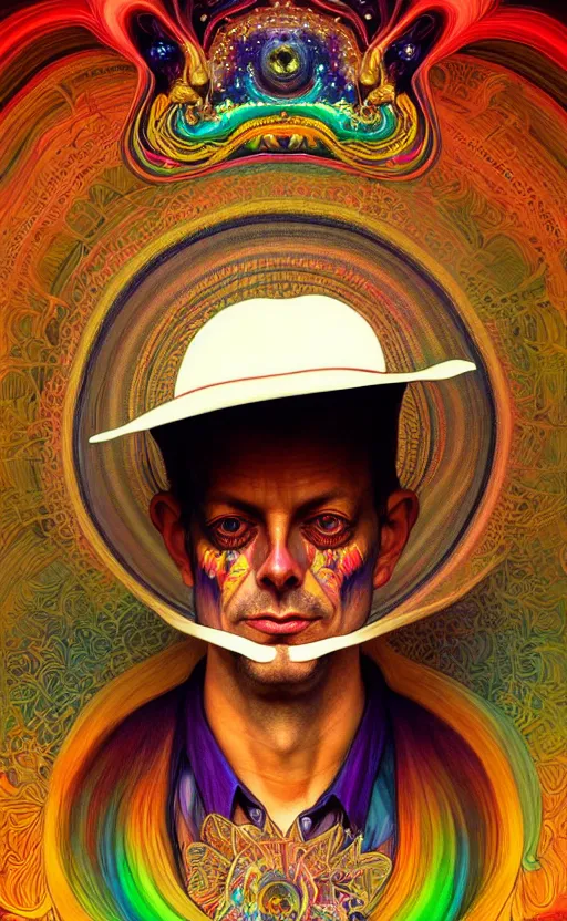 Image similar to An extremely psychedelic celestial larry harvey in his white fedora hat, colorful, surreal, dramatic lighting, magic mushrooms, psilocybin, LSD, face, detailed, intricate, elegant, highly detailed, digital painting, artstation, concept art, smooth, sharp focus, illustration, art by Krenz Cushart and Artem Demura and alphonse mucha