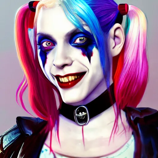 Image similar to Harley Quinn from the suicide squad, slim, smiling, portrait, fantasy, medieval, beautiful face, vivid colrs, elegant, concept art, sharp focus, digital art, Hyper-realistic, 4K, Unreal Engine, Highly Detailed, HD, Dramatic Lighting by Brom, trending on Artstation