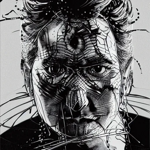 Image similar to Yoshitaka Amano realistic illustration of jeb bush ,hair fluttering in the wind, cracks on his face wearing Elden ring armour with engraving, abstract black and white patterns on the background, noisy film grain effect, highly detailed, Renaissance oil painting, weird portrait angle, blurred lost edges, three quarter view