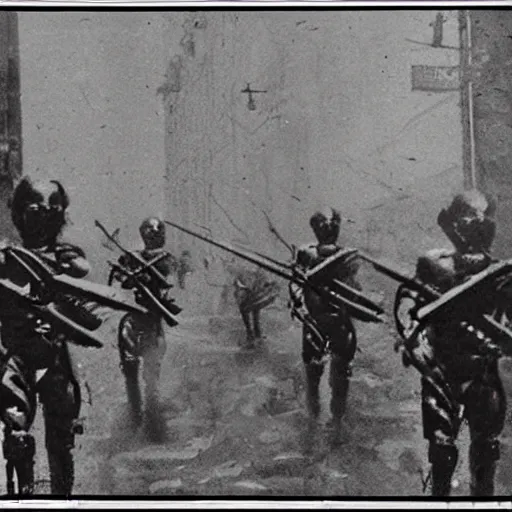 Image similar to grainy 1800s photo of a cybernetic warriors killing civilians in a city