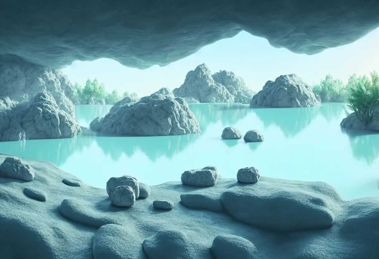 Image similar to inside of alien lush lake landscape of human mind and imagination, big rocks and pebbles in pastel light blue colors, matte painting, beautiful render, octane render, concept art