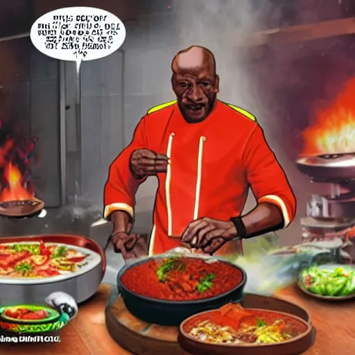Image similar to captain sisko cooking jambalaya while the space station ds 9 explodes
