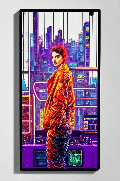 Image similar to dreamy cyberpunk girl, neon coat, detailed acrylic, city bar, intricate complexity, by dan mumford and by alberto giacometti, peter lindbergh