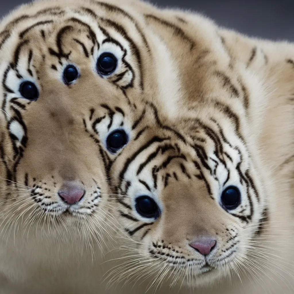 Image similar to baby harp seal tiger chimera, close up photo, national geographic photo