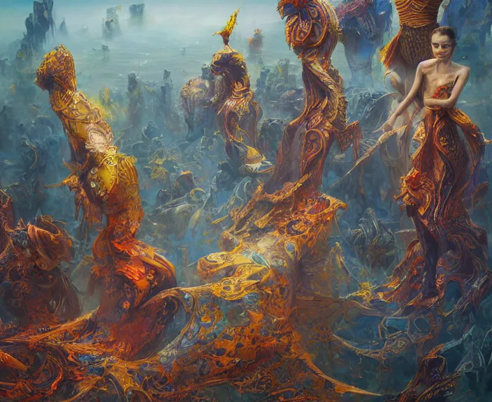 Image similar to men and women in expansive suite and dress changing they each other heads, collapse, colour splashes, wide angle, extremely high details quality, bao phan, viktor safonkin, bruce pennington, larry elmore, intricate, hyperrealistic oil painting on canvas, deep depth field, hd, hdr, 4 k, 8 k