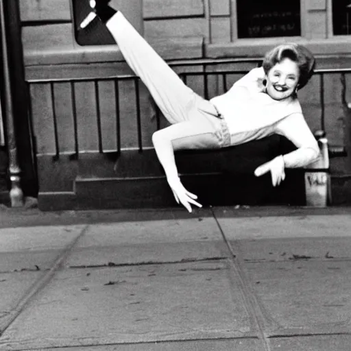 Image similar to a photo of Betty White breakdancing on the streets of New York