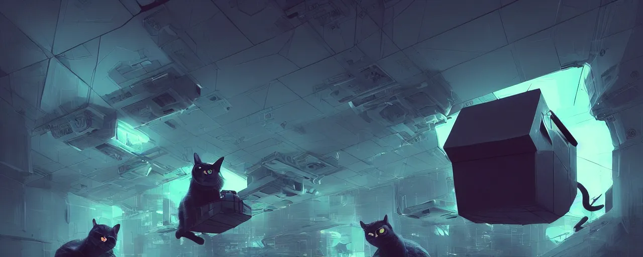 Prompt: duotone noir scifi concept dynamic illustration of 3 d mesh of cat inside box floating zero gravity glowing 3 d mesh portals retrofuturistic, glowing eyes, octane render, surreal atmosphere, volumetric lighting. accidental renaissance. by sachin teng and sergey kolesov and ruan jia and heng z. graffiti art, scifi, fantasy, hyper detailed. trending on artstation