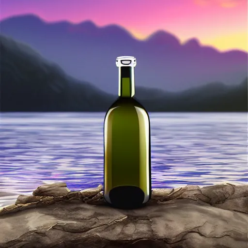 Prompt: a bottle with a lake, mountains and sunset inside, realistic, concept art, studio photo, well detailed, 8k