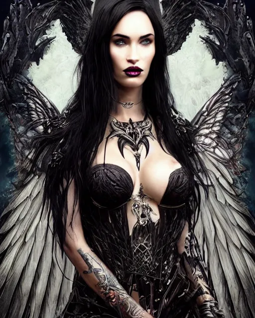 Prompt: very complex hyper-maximalist overdetailed cinematic tribal darkfantasy closeup portrait of a malignant beautiful young dragon queen megan fox with long black hair and wings, Magic the gathering, pale skin and dark eyes,flirting confident seductive, gothic, vibrant high contrast, by andrei riabovitchev, tomasz alen kopera,moleksandra shchaslyva, peter mohrbacher, Omnious intricate, octane, moebius, arney freytag, Fashion photo shoot, glamorous pose, trending on ArtStation, dramatic lighting, Diesel punk, mist, ambient occlusion, volumetric lighting, Lord of the rings, BioShock, glamorous, emotional, tattoos,shot in the photo studio,Deviant-art, hyper detailed illustration, 8k