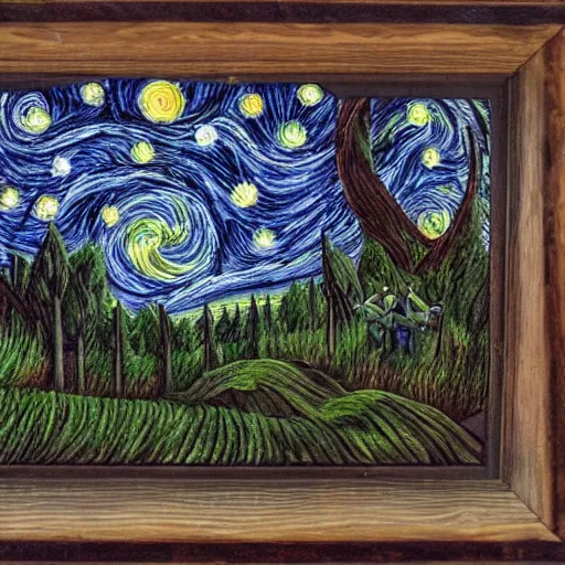 Image similar to a serene forest of faeries, starry night