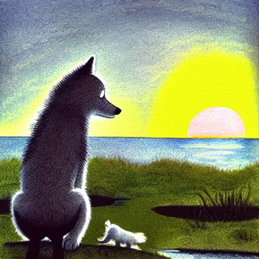 Image similar to view from behind of fluffy baby grey wolf sitting on the shore of a pond, looking out at a sunset, award winning illustration by maurice sendak and don freeman