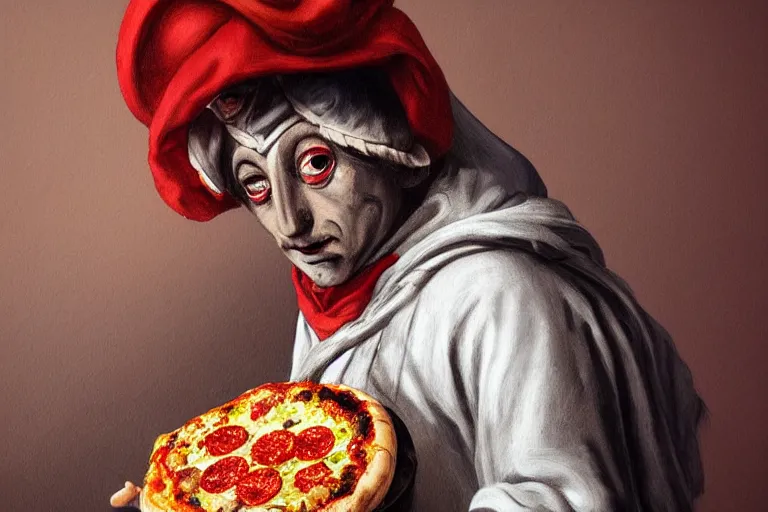 Prompt: a highly detailed portrait of pulcinella!!! from naples with a pizza!! and burning volcano, an ultrafine detailed painting by achille superbi, dramatic lighting, trending on deviantart, whimsical, lowbrow, smooth, sharp focus, octane, masterpiece