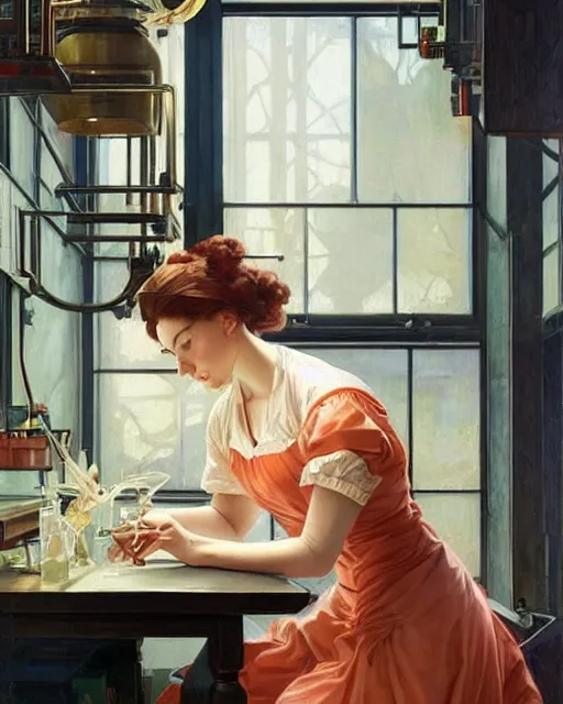 Image similar to a female professor doing experiments in her lab, oil on canvas, artstation, by j. c. leyendecker and edmund blair leighton and charlie bowater, beautiful face, octane, very aesthetic!!!!!!!!!!!!!!!