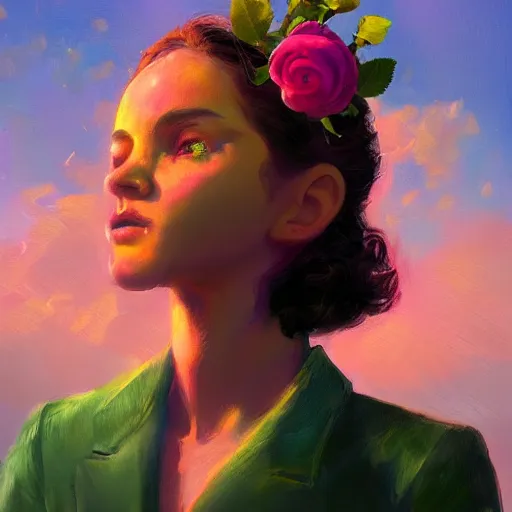 Image similar to closeup, large rose flower head, frontal, girl in a suit, surreal photography, sunrise, dramatic light, impressionist painting, digital painting, artstation, simon stalenhag