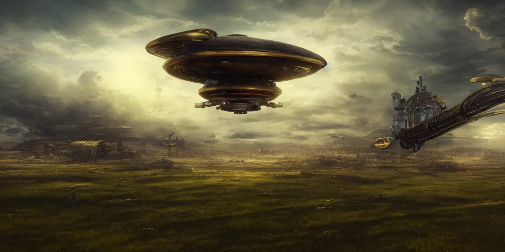 Image similar to steampunk spaceship hovering over fields and small houses, science fiction digital art, award winning, trending on artstation, digital art. highly detailed 8 k. intricate. lifelike. soft light. nikon d 8 5 0.