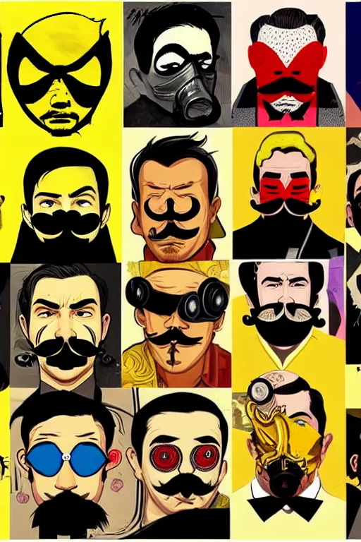 Image similar to gang saints wear yellow bandanas, and some of them have thick mustaches, their eyes are sharp, pop art style, dynamic comparison, proportional, professional art, bioshock style, gta chinatowon style, hyper realistic, face and body clarity, complicated, art by argerm dan richard hamilton