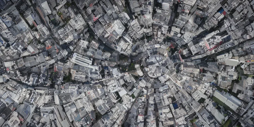 Image similar to drone view of a Brutalist architecture city with a large road through,sharp focus,telephoto lens,3D digital art 4k