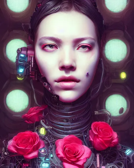 Image similar to portrait of a female face with roses instead of eyes, cyberpunk cyborg. roses, sci - fi, intricate abstract upper body intricate artwork, by tooth wu, wlop, beeple, dan mumford. concept art, octane render, deviantart, greg rutkowski, cinematic arthouse, key art, hyper realism, iridescent accents