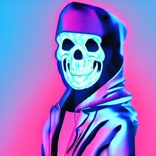 Image similar to rick astley skeletor in hoodie, portrait, vaporwave, synthwave, neon, vector graphics, cinematic, volumetric lighting, f 8 aperture, cinematic eastman 5 3 8 4 film