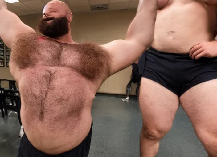 Image similar to big hairy burly strongman in private high school locker room