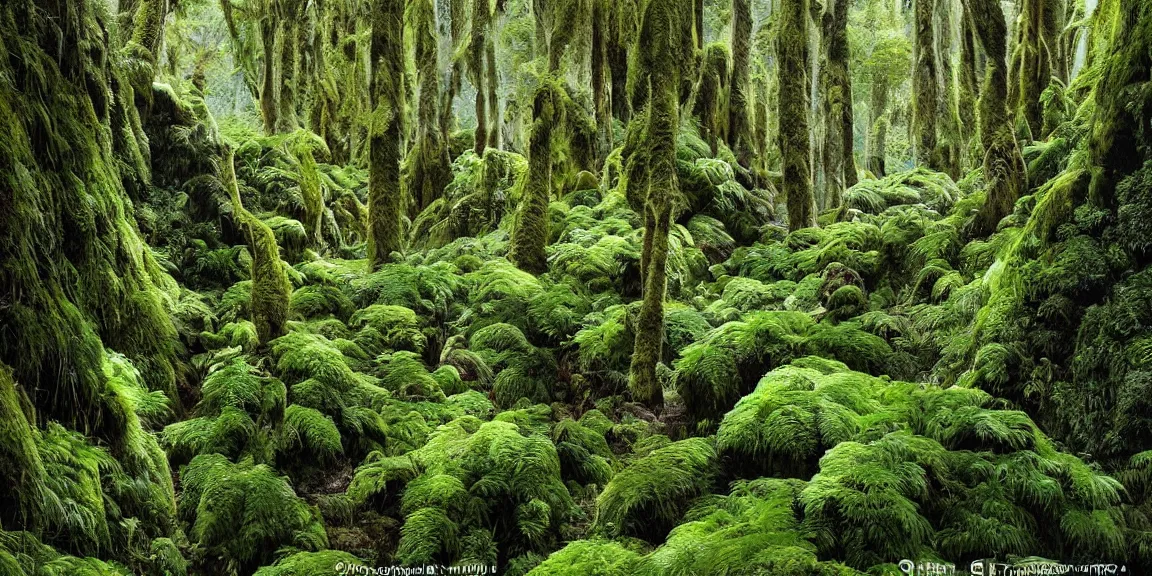 Image similar to New Zealand rainforest, tree ferns, Nothofagus, alpine herbs, lush waterfall, mossy trees. Indigenous plant species in the rainforests of New Zealand. Rugged, remote landscape in rural, forested New Zealand. Trending on Artstation, deviantart, worth1000. By Greg Rutkowski. National Geographic and iNaturalist HD photographs