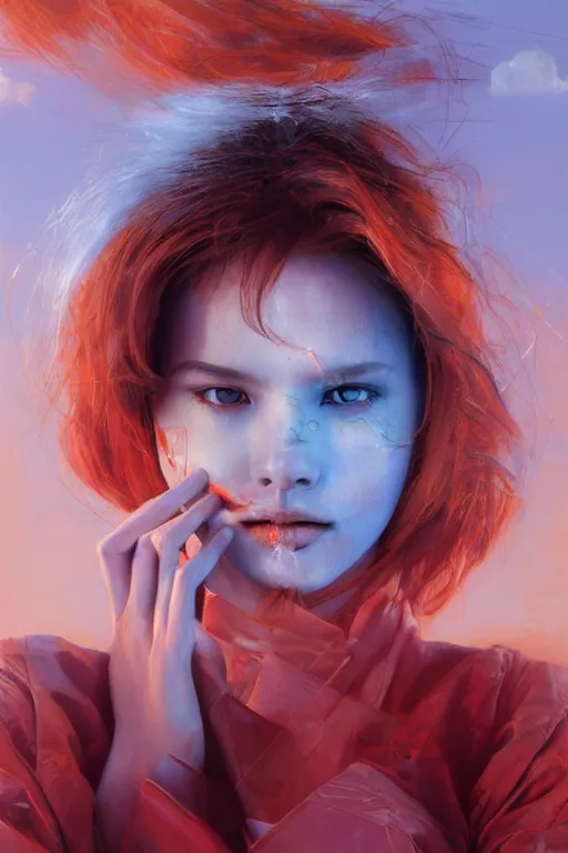 Prompt: 3 d, sci - fi, morning, happy fashion model face, sun, cinematic, lightning, clouds, vogue cover style, stanley kubrick, light red and deep orange mood, realistic painting, intricate oil painting, high detail, figurative art, multiple exposure, poster art, 3 d, by tooth wu and wlop and beeple and greg rutkowski