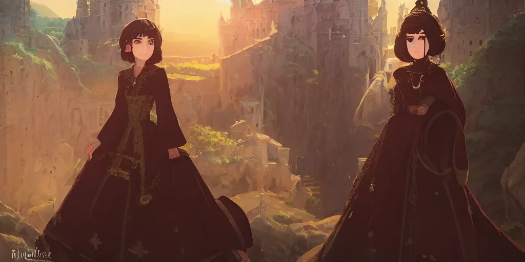 Image similar to portrait of elegant brunette as a medieval royalty, medieval castle background, shallow focus, rich vivid colors, ambient lighting, dynamic lighting, 4k, official media, anime key visual, makoto shinkai, ilya kuvshinov, lois van baarle, rossdraws, detailed, trending on artstation