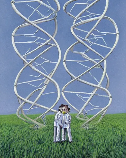 Prompt: in a field, two scientists in lab coats encounter a monster shaped like the DNA double helix, stormy weather, by Rob Gonsalves, dark