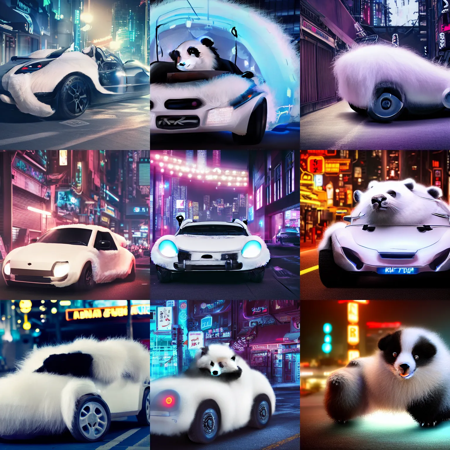 Prompt: a fluffy roadster covered with white fur and in the style of a panda, with cool headlights and two fluffy ears, parking in the street, Cyberpunk, neon light, 4k, hd, highly detailed