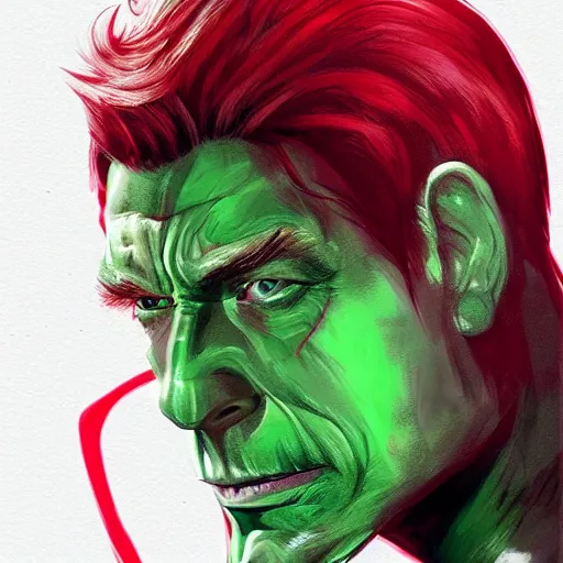 Prompt: peter otoole, green hair, white face, red lips, portrait, realistic, concept art, lee bermejo