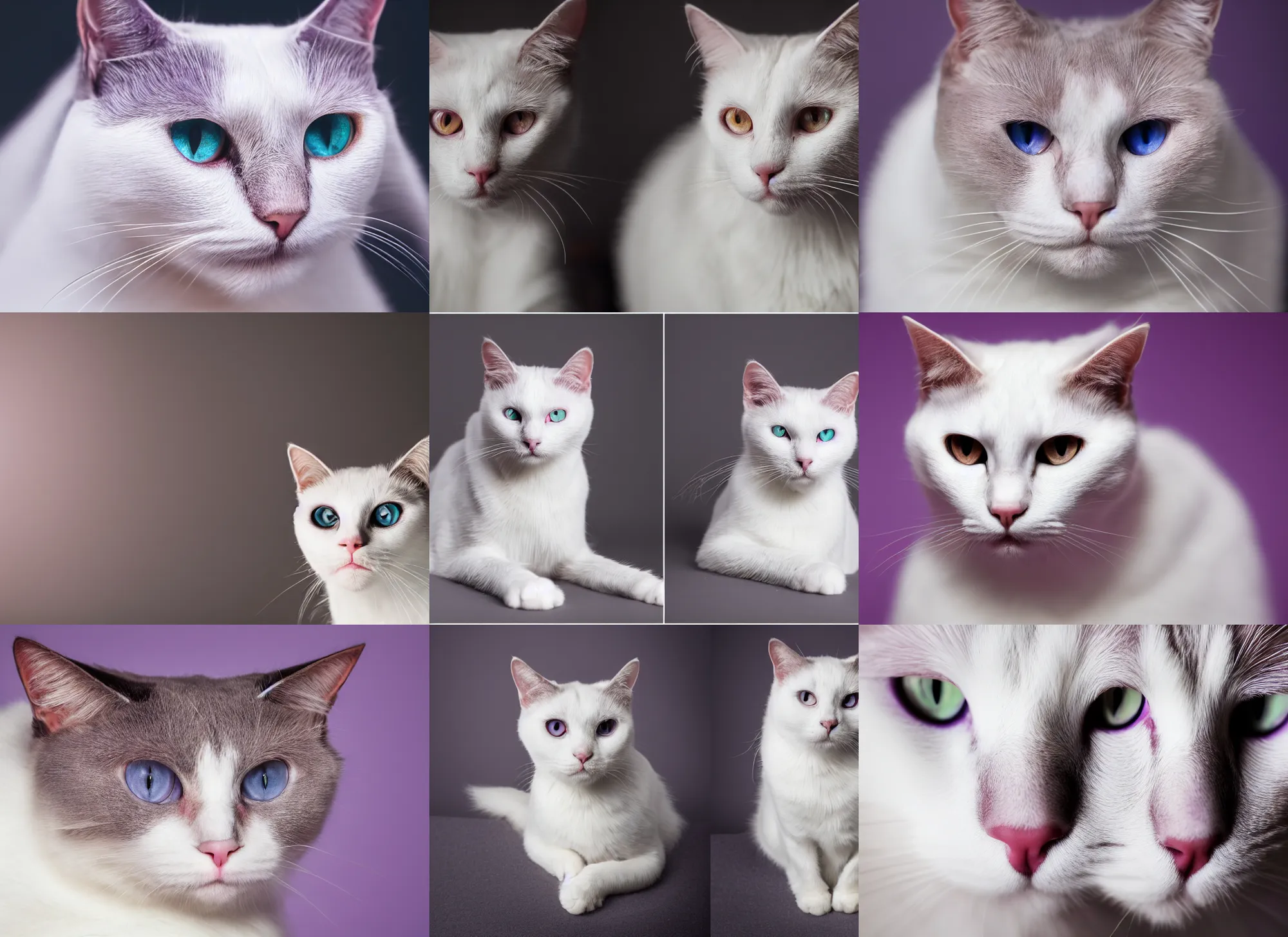 Prompt: photo still of white cat, purple eyes, 8 k, studio lighting bright ambient lighting key light, 8 5 mm f 1. 8