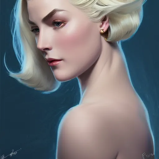 Image similar to Grace Kelly with platinum blonde hair as 2B, western, D&D, fantasy, intricate, elegant, highly detailed, digital painting, artstation, concept art, matte, sharp focus, illustration, art by Artgerm and Greg Rutkowski and Alphonse Mucha