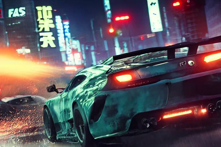 Image similar to tokyo drift fast and furious film still, racing on wet city street, gta 5, hyper detailed, forza, smooth, need for speed, high contrast, volumetric lighting, octane, george miller, jim lee, comic book, ridley scott